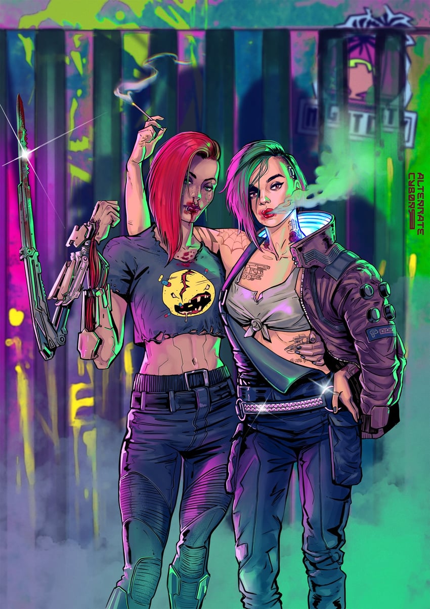 v, valerie, and judy alvarez (cyberpunk and 1 more) drawn by dilara_ozden