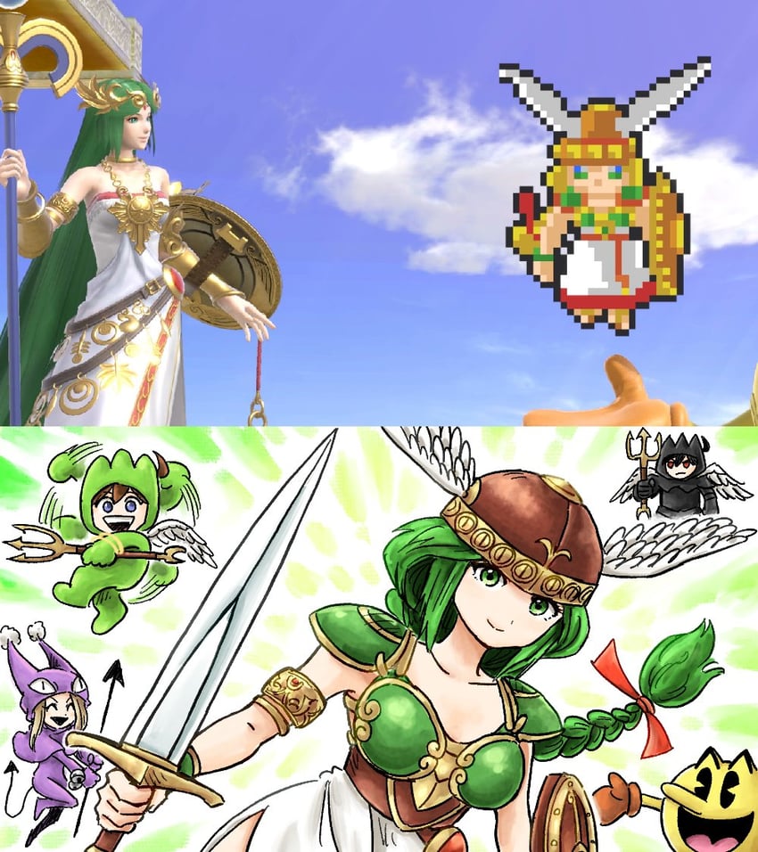 palutena, pit, dark pit, pac-man, viridi, and 3 more (super smash bros. and 5 more) drawn by kicdon