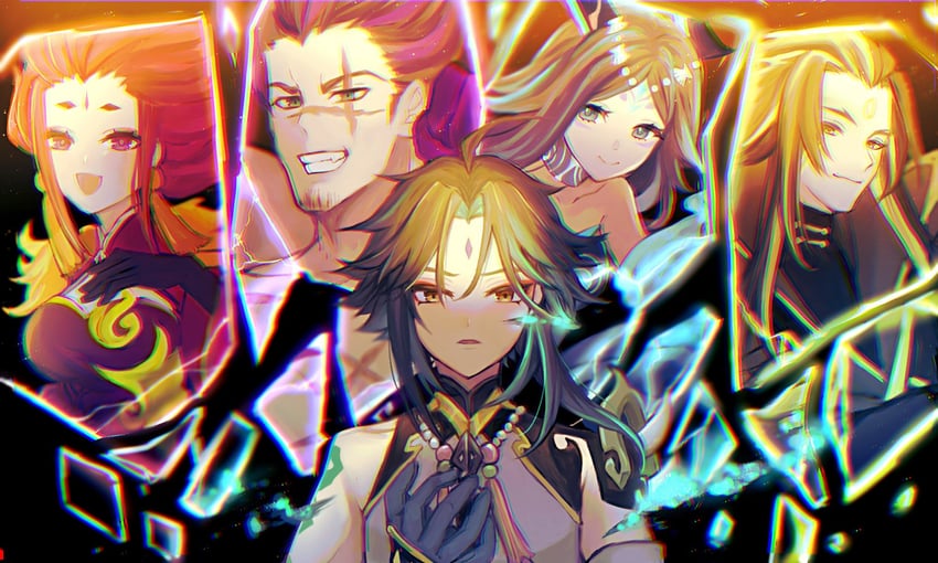 xiao, bonanus, indarias, bosacius, and menogias (genshin impact) drawn by mokota