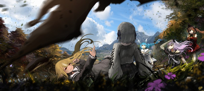 houshou marine, usada pekora, shirogane noel, uruha rushia, shiranui flare, and 1 more (hololive) drawn by vyragami