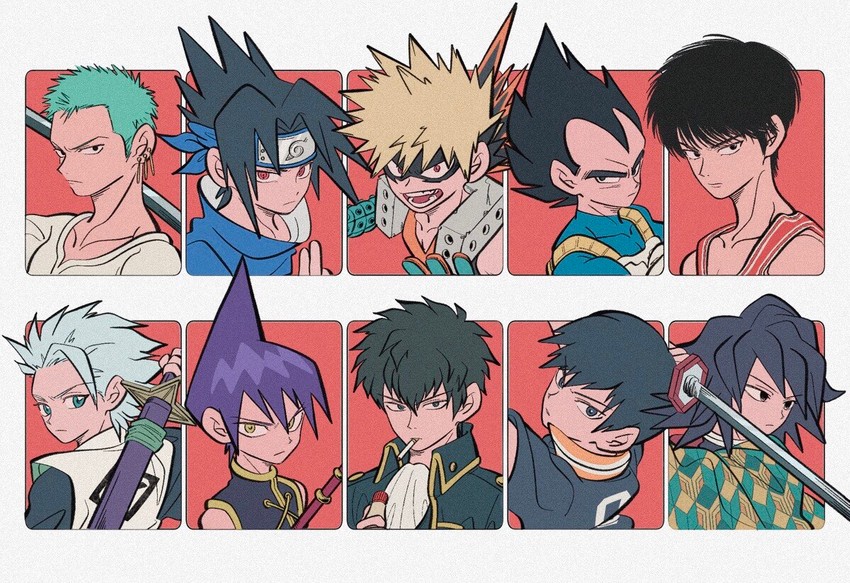 roronoa zoro, bakugou katsuki, uchiha sasuke, vegeta, tomioka giyuu, and 5 more (one piece and 11 more) drawn by uzuta