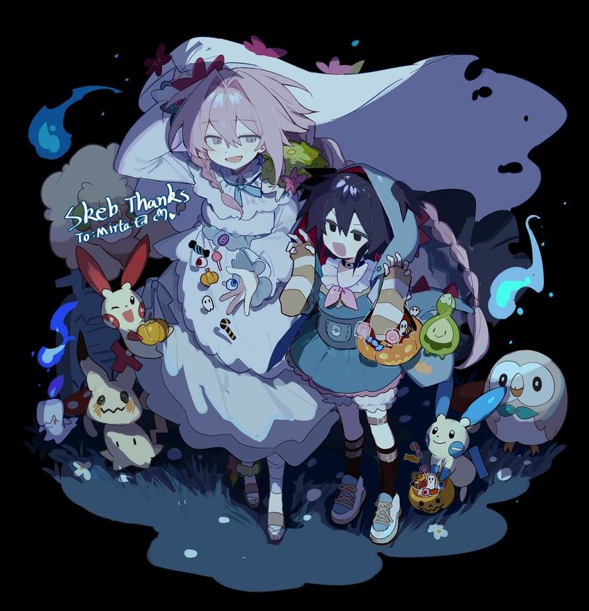 rowlet, mimikyu, shaymin, whimsicott, minun, and 2 more (original and 1 more) drawn by huasha