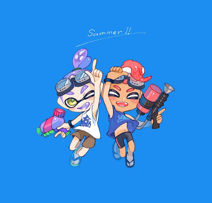 inkling player character, octoling player character, inkling boy, and octoling boy (splatoon and 1 more) drawn by spl8ya