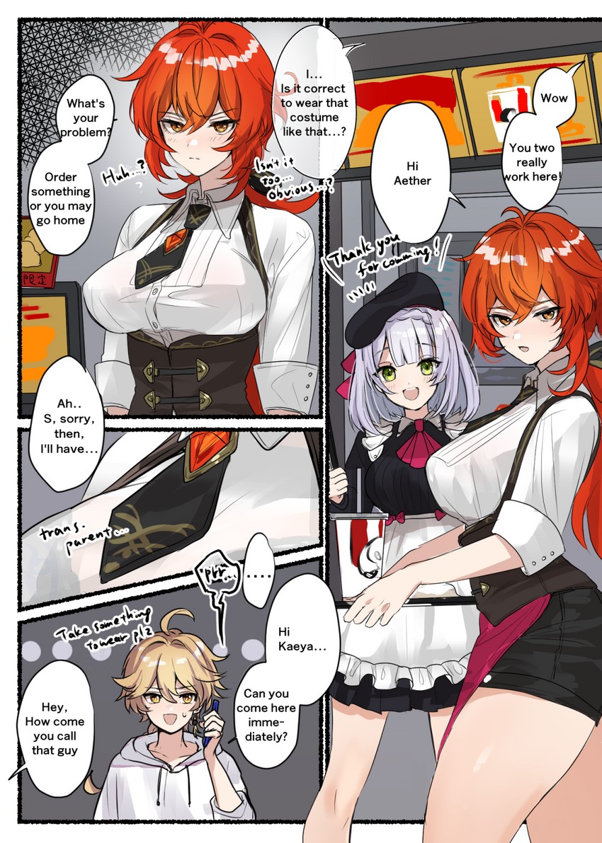 aether, diluc, and noelle (genshin impact and 1 more) drawn by hominamia