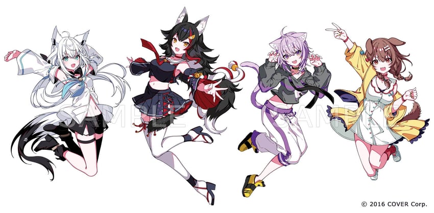 shirakami fubuki, nekomata okayu, ookami mio, and inugami korone (hololive) drawn by tatejima_uri