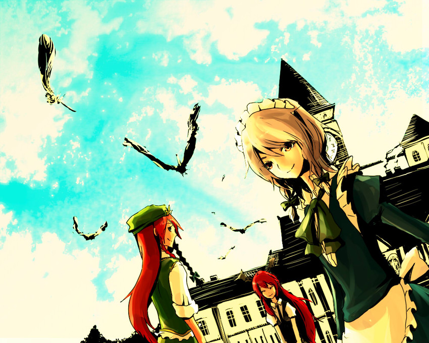 izayoi sakuya, hong meiling, and koakuma (touhou) drawn by kurau_kii