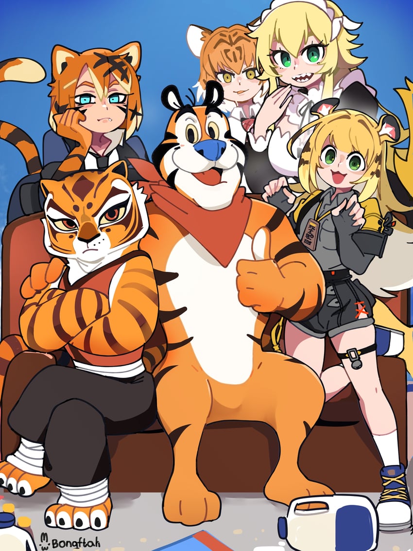 ju fufu, siberian tiger, frederica baumann, tigress, tony the tiger, and 1 more (kemono friends and 5 more) drawn by bongfill