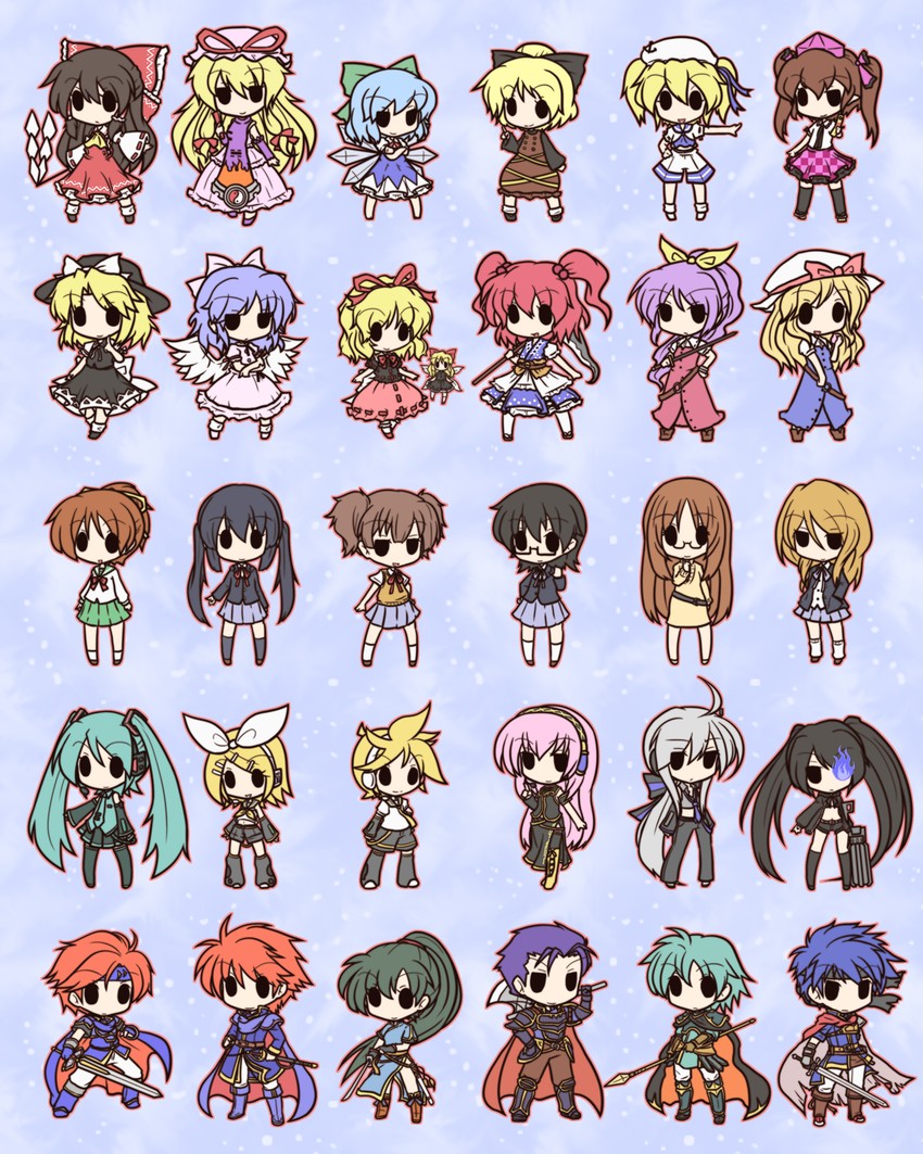 hatsune miku, hakurei reimu, cirno, yakumo yukari, kagamine rin, and 27 more (touhou and 8 more) drawn by fushigi_ebi