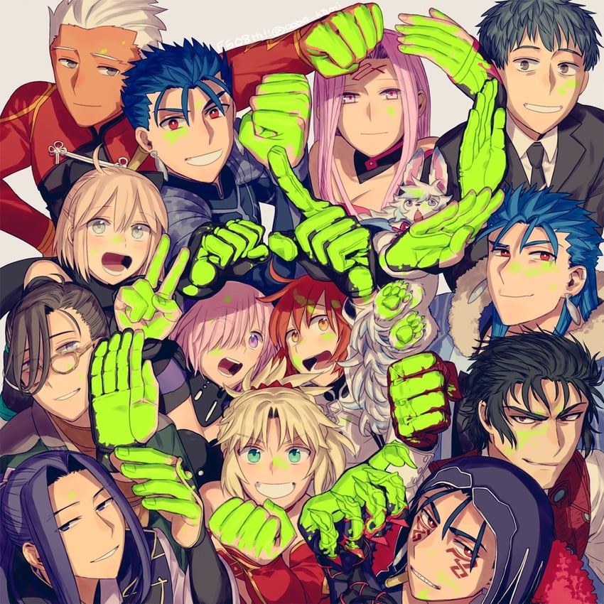 mash kyrielight, fujimaru ritsuka, okita souji, archer, mordred, and 8 more (fate and 1 more) drawn by ooba