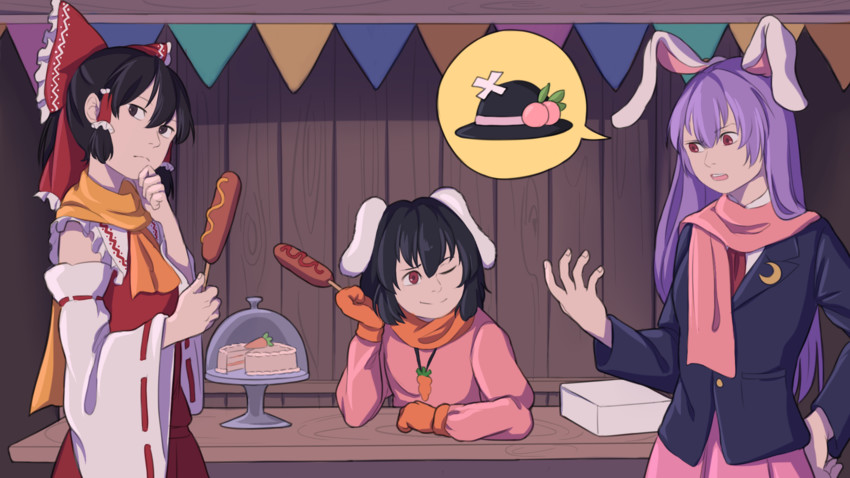 hakurei reimu, reisen udongein inaba, and inaba tewi (touhou and 1 more) drawn by mefomefo