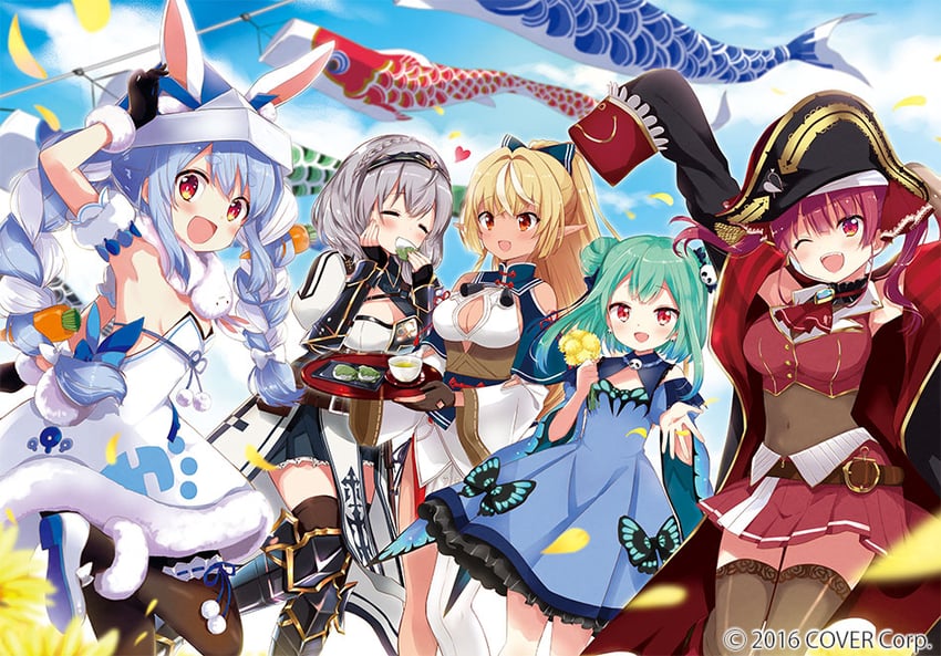 houshou marine, usada pekora, shirogane noel, uruha rushia, shiranui flare, and 1 more (hololive and 1 more) drawn by hara_yui