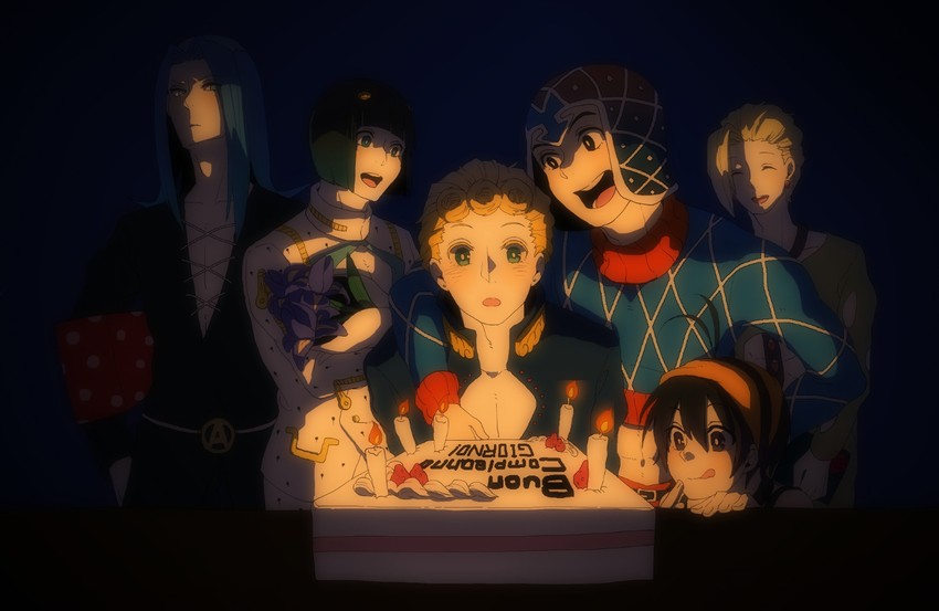giorno giovanna, bruno bucciarati, guido mista, narancia ghirga, pannacotta fugo, and 1 more (jojo no kimyou na bouken and 1 more) drawn by maguro_(ma-glo)