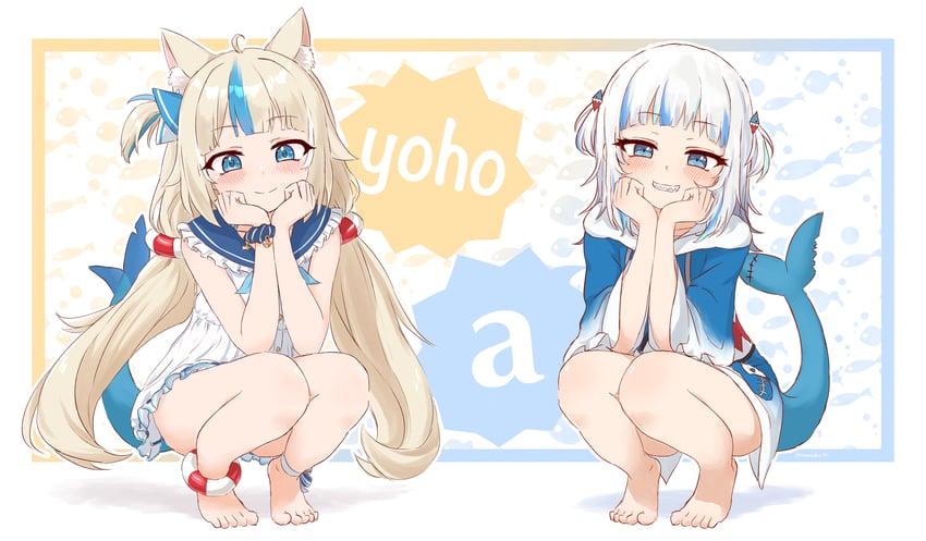 gawr gura and sameko saba (hololive and 2 more) drawn by ameneko_kuro