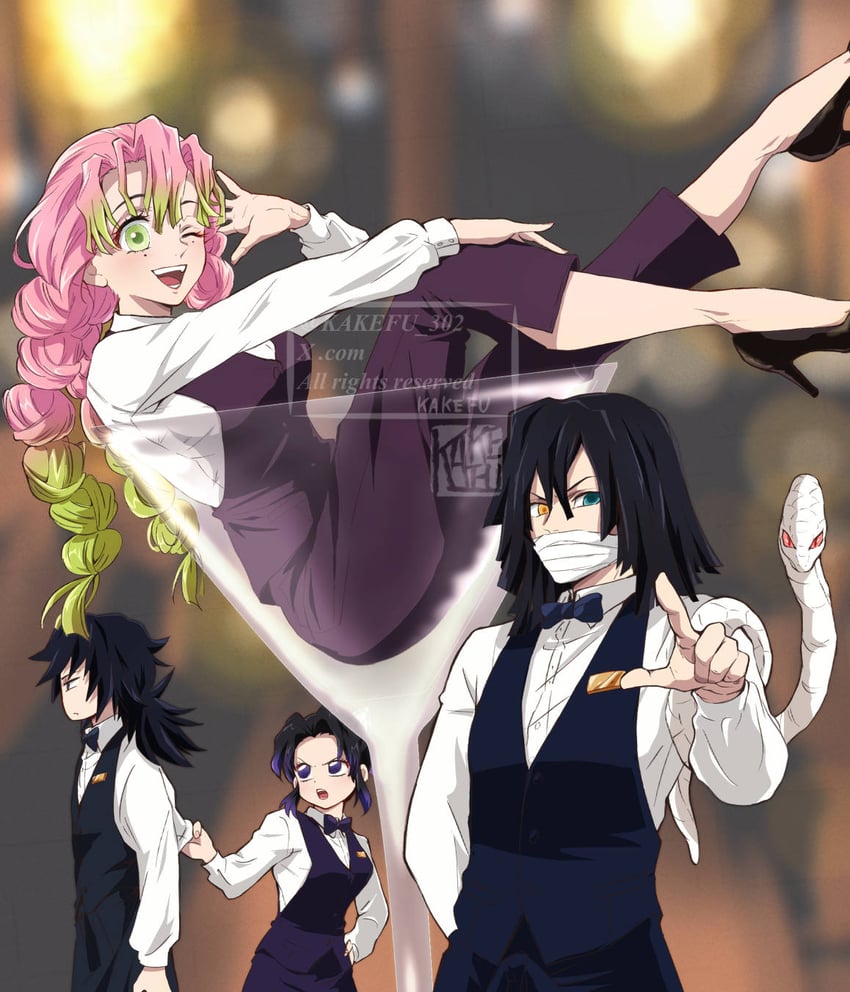 kochou shinobu, kanroji mitsuri, tomioka giyuu, and iguro obanai (kimetsu no yaiba) drawn by kakefu_302