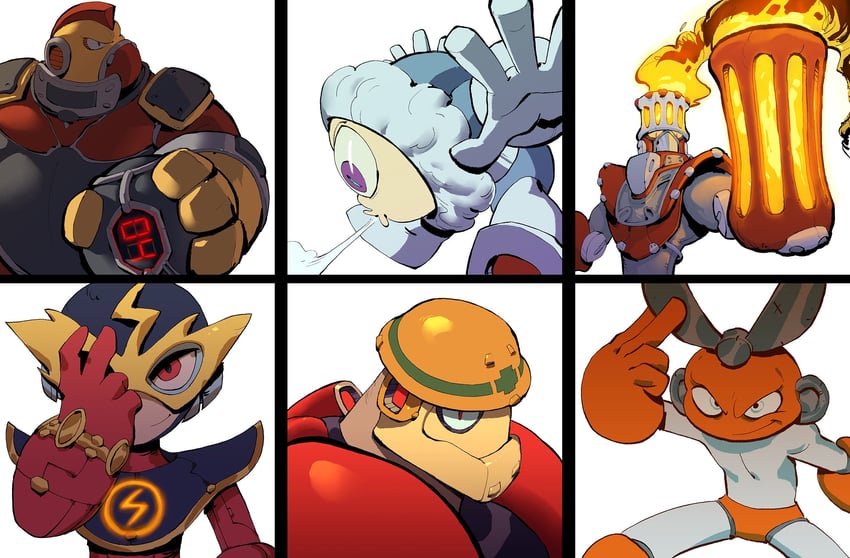cut man, elec man, ice man, fire man, guts man, and 1 more (mega man and 1 more) drawn by garrett_hanna