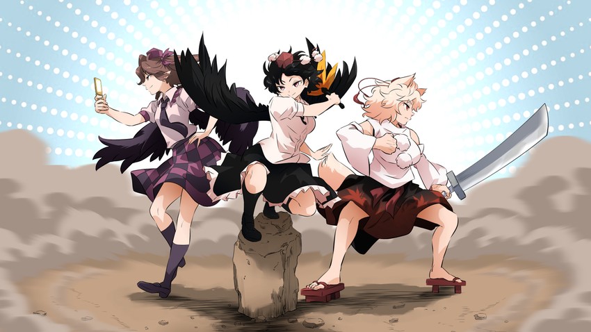 shameimaru aya, inubashiri momiji, and himekaidou hatate (touhou) drawn by shundou_heishirou