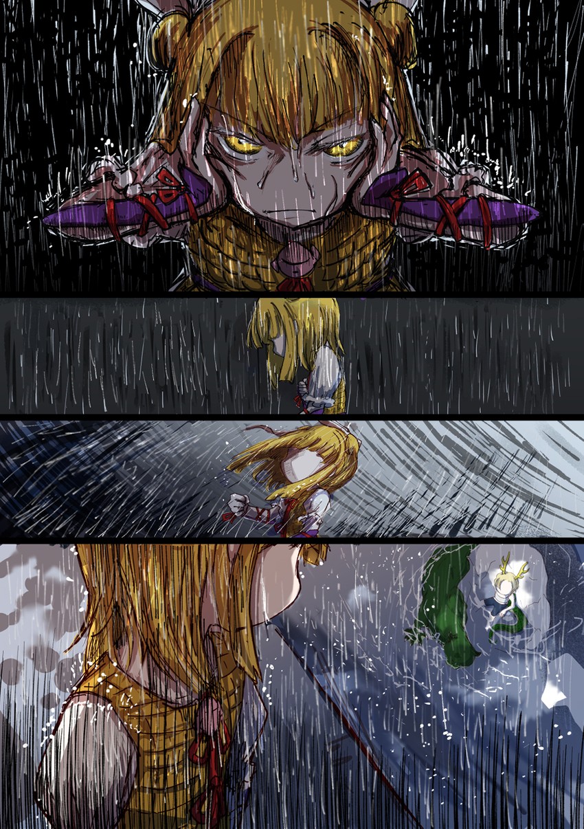 kicchou yachie, joutouguu mayumi, and otter spirit (touhou) drawn by jizeru_(giselebon)