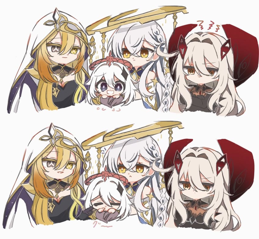 paimon, ronova, istaroth, and rhinedottir (genshin impact) drawn by nemu_(nemu222_n)