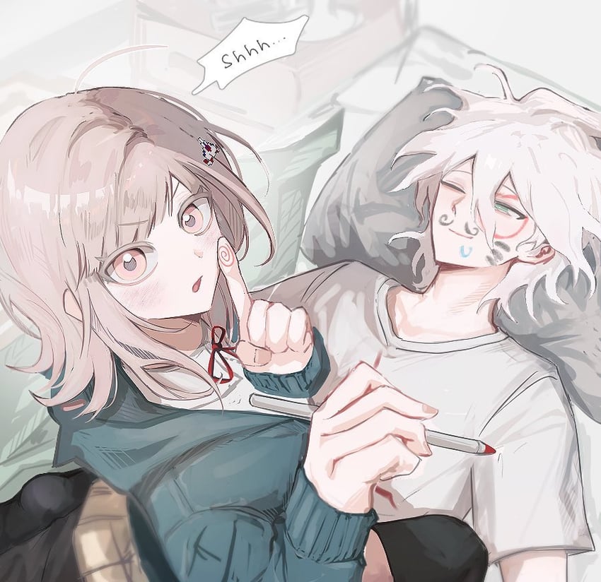 nanami chiaki and komaeda nagito (danganronpa and 2 more) drawn by vo3olv