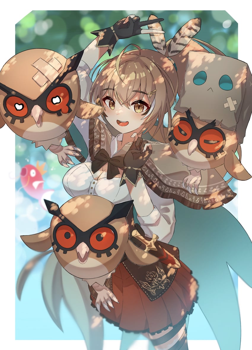 nanashi mumei, friend, magikarp, and hoothoot (pokemon and 2 more) drawn by taiyo_sketches