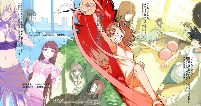 misaka mikoto, kamijou touma, index, fukiyose seiri, tsukuyomi komoe, and 6 more (toaru majutsu no index and 1 more) drawn by haimura_kiyotaka