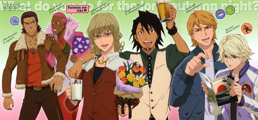 barnaby brooks jr., kaburagi t. kotetsu, ivan karelin, keith goodman, antonio lopez, and 1 more (tiger & bunny) drawn by yoshikawa_maho