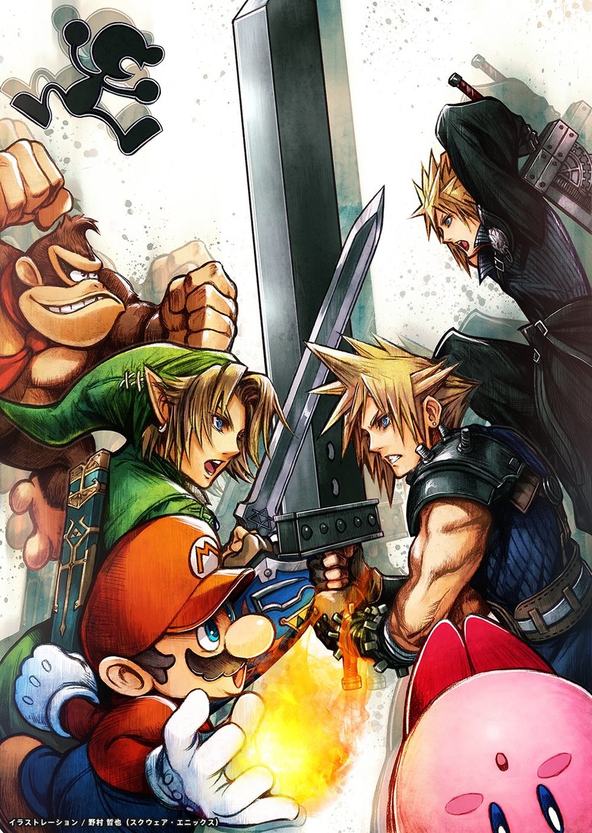 link, cloud strife, kirby, mario, donkey kong, and 1 more (final fantasy and 9 more) drawn by nomura_tetsuya