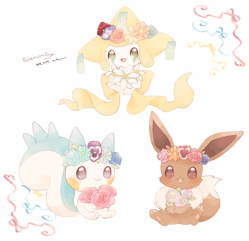 eevee, jirachi, and pachirisu (pokemon) drawn by mkt_(buizu-miki)