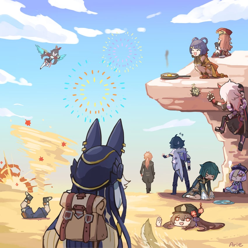 hu tao, klee, xiao, kaedehara kazuha, diluc, and 9 more (genshin impact) drawn by arie_game