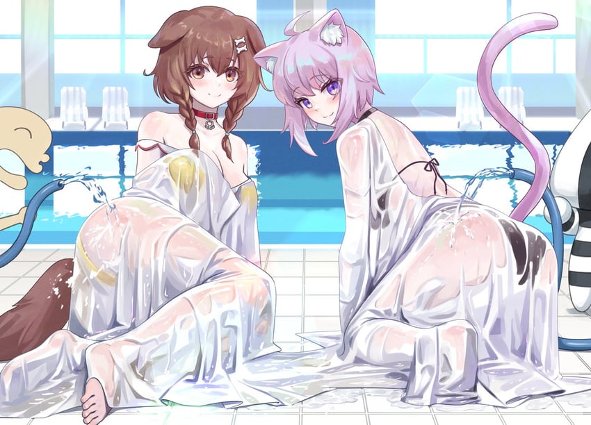 nekomata okayu, inugami korone, and onigirya (hololive) drawn by dalcom