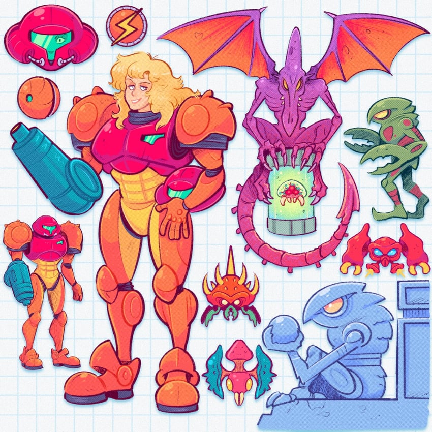 samus aran, metroid, metroid larva, ridley, space pirate, and 4 more (metroid and 1 more) drawn by mostlyghostly