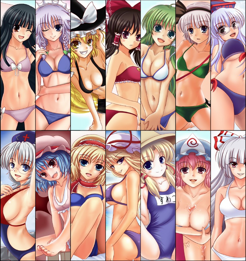 hakurei reimu, kirisame marisa, izayoi sakuya, kochiya sanae, konpaku youmu, and 8 more (touhou) drawn by kurowana