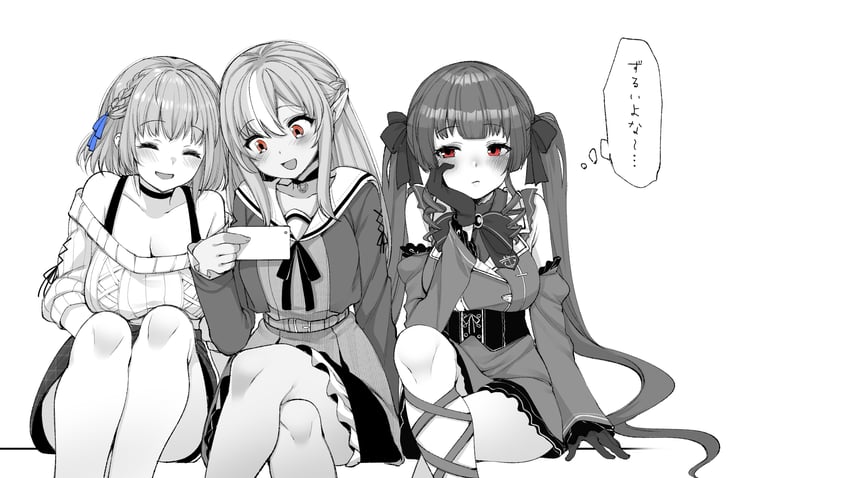 houshou marine, shirogane noel, and shiranui flare (hololive) drawn by fujisaki_hikari