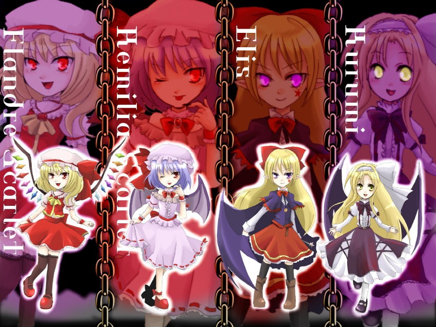 remilia scarlet, flandre scarlet, kurumi, and elis (touhou) drawn by neko_to_mikan