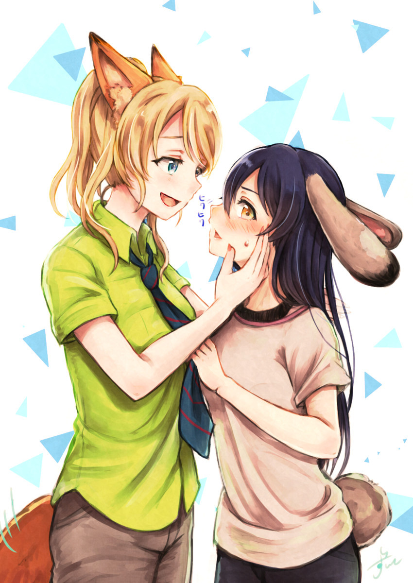 sonoda umi, ayase eli, judy hopps, and nick wilde (love live! and 2 more) drawn by suito