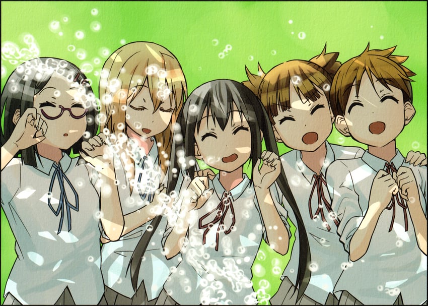 nakano azusa, hirasawa ui, suzuki jun, saitou sumire, and okuda nao (k-on! and 1 more) drawn by kakifly