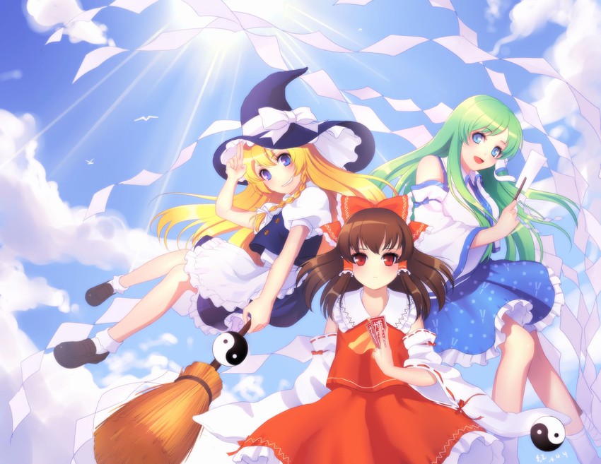 hakurei reimu, kirisame marisa, and kochiya sanae (touhou) drawn by etm_(ahong)