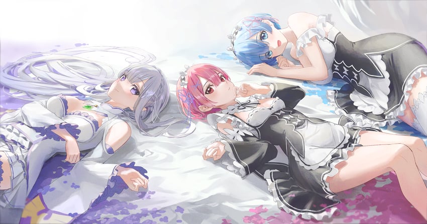 rem, emilia, and ram (re:zero kara hajimeru isekai seikatsu) drawn by naruse_u