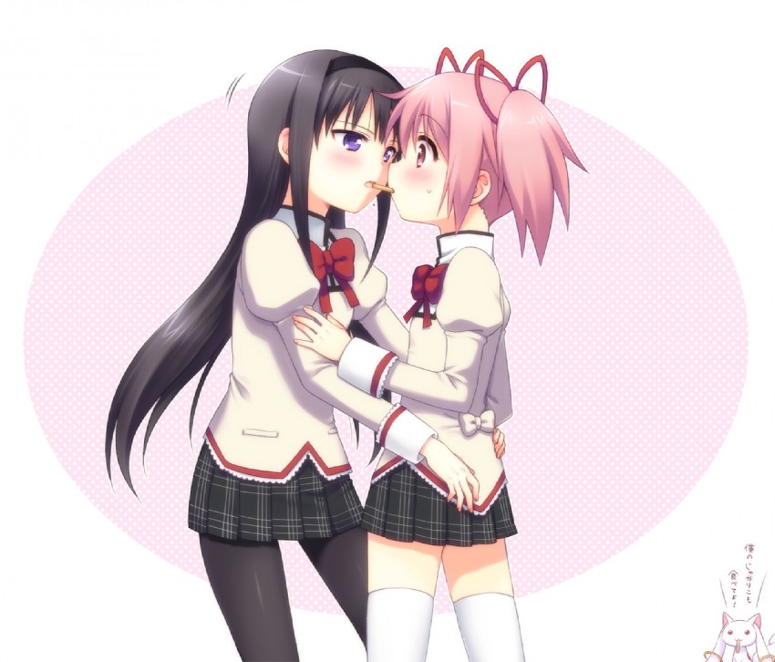 akemi homura, kaname madoka, and kyubey (mahou shoujo madoka magica) drawn by usashiro_mani