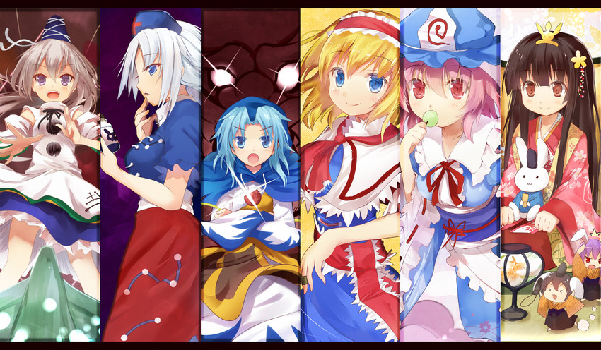 alice margatroid, reisen udongein inaba, saigyouji yuyuko, houraisan kaguya, inaba tewi, and 3 more (touhou) drawn by efe