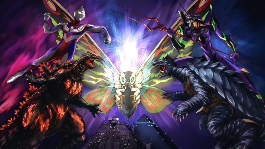 godzilla, eva 01, mothra, ultraman tiga, gamera, and 2 more (neon genesis evangelion and 7 more) drawn by byneet