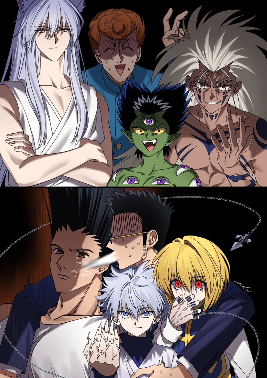 killua zoldyck, kurapika, gon freecss, leorio paladiknight, kurama, and 3 more (hunter x hunter and 1 more) drawn by enoki_3106