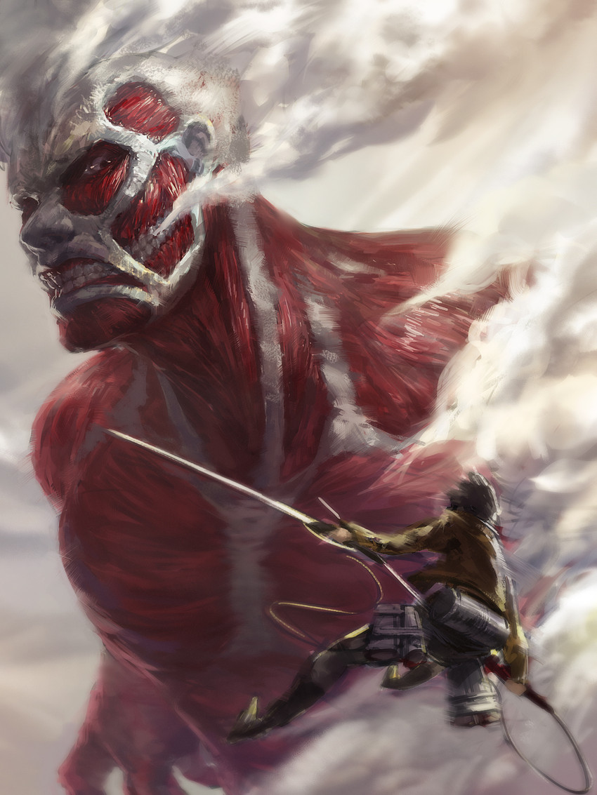 eren yeager, titan, and colossal titan (shingeki no kyojin) drawn by hangleing