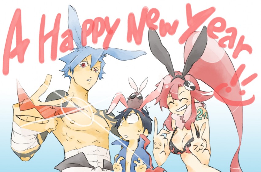 yoko littner, simon, kamina, and boota (tengen toppa gurren lagann) drawn by adafada