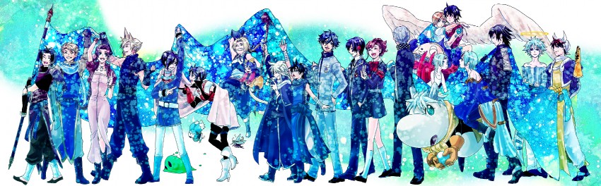 cloud strife, aerith gainsborough, narukami yu, yuuki makoto, shiomi kotone, and 19 more (final fantasy and 20 more) drawn by gotoh_kanade