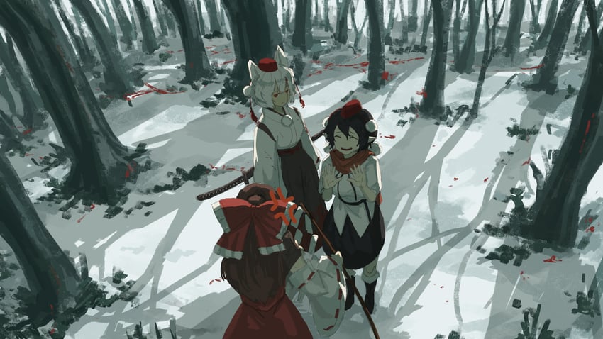 hakurei reimu, shameimaru aya, and inubashiri momiji (touhou) drawn by 1010kman