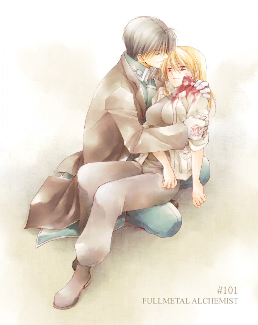 riza hawkeye and roy mustang (fullmetal alchemist) drawn by takafuji_yuna