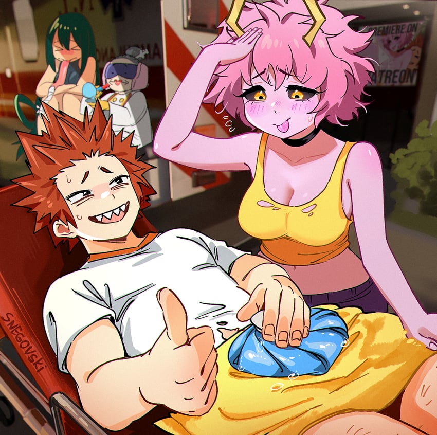 asui tsuyu, ashido mina, kirishima eijiro, and recovery girl (boku no hero academia) drawn by snegovski