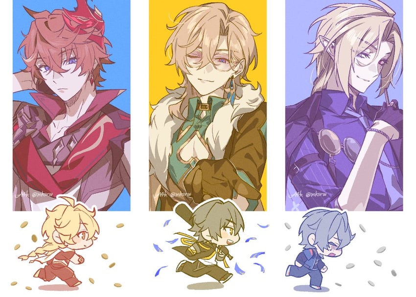trailblazer, aether, tartaglia, caelus, wise, and 2 more (genshin impact and 4 more) drawn by maka_(mksrw)