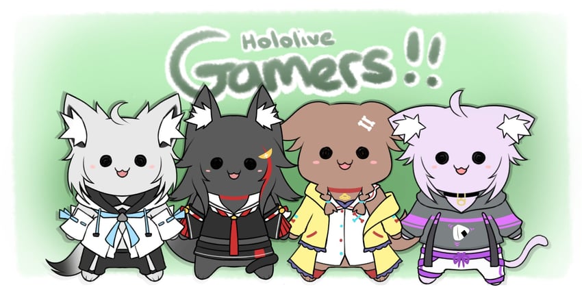 shirakami fubuki, nekomata okayu, ookami mio, and inugami korone (hololive) drawn by katarinevt
